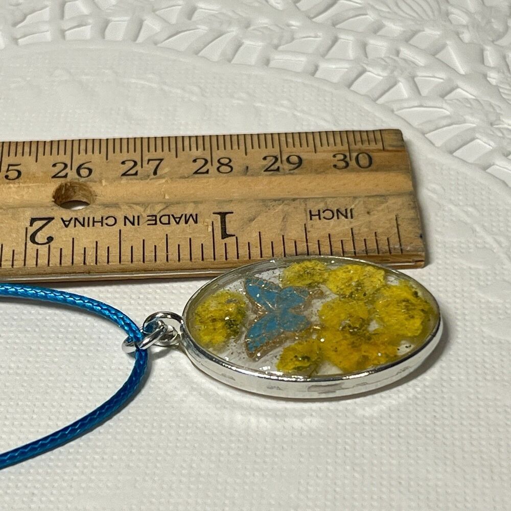 Handmade Resin Necklace Butterfly Charm With Real Pressed Flowers 18" Waxed Cord - Picture 6 of 7
